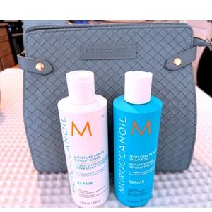Moroccanoil Moisture Repair Shampoo Conditioner Set with Woven Cosmetic Bag Grey